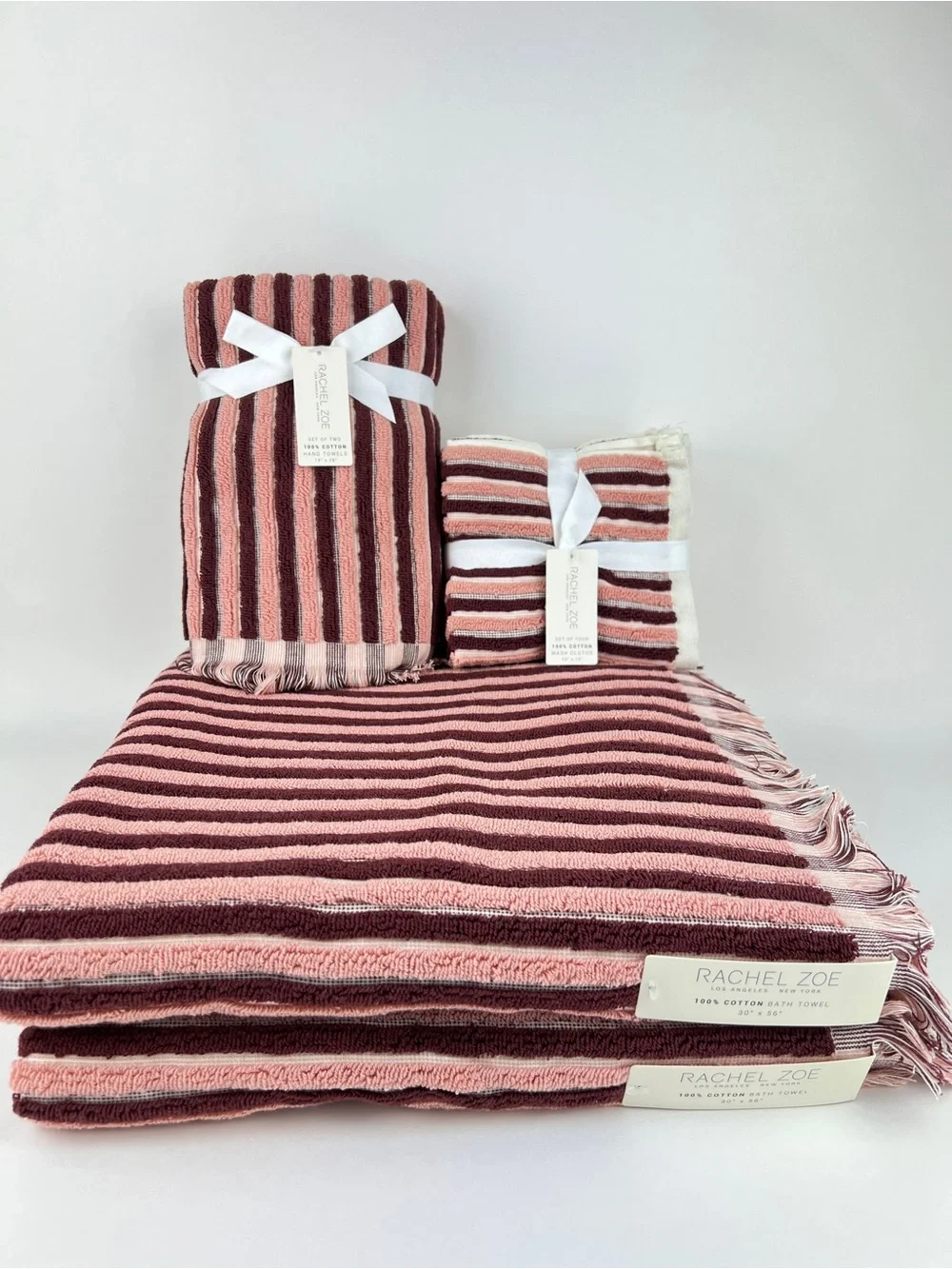 Rachel Zoe Bath Towel Set Pink Burgundy Cream Stripe & Fringe Cotton 8 Pc NEW